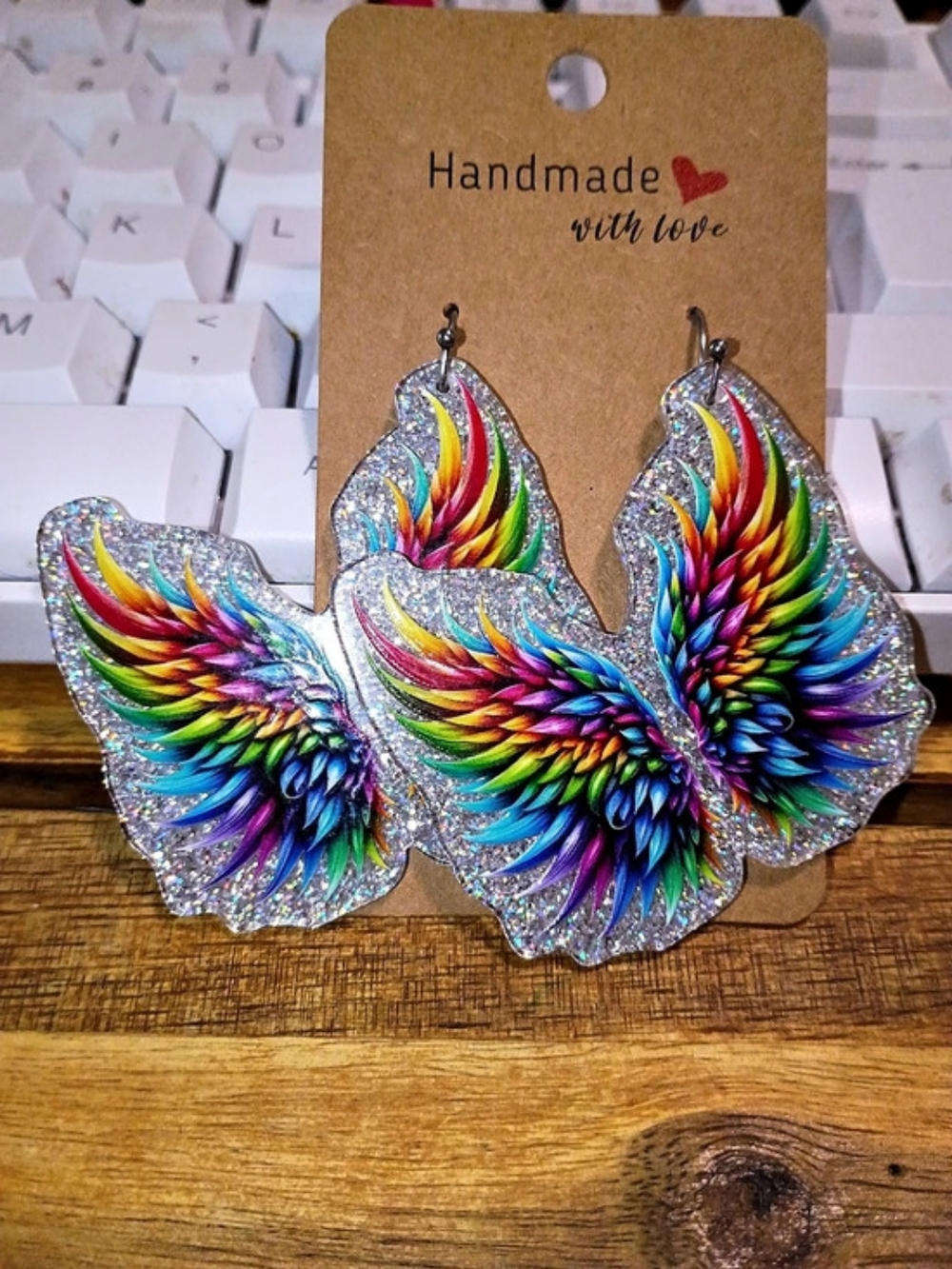 Silver Glitter Colorful Rainbow Feather Angel Wing Statement Earrings